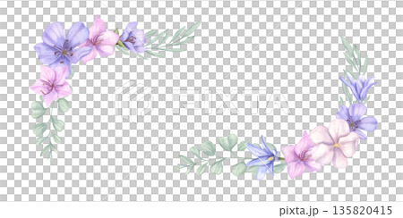 Watercolor spring flowers, foliage rectangle border on isolated background. Delicate flower, leaves in pastel colors. Floral illustration with copy space for text. Valentine day greeting cards. Watercolor spring flowers, foliage rectangle border on isolated background. Delicate flower, leaves in pastel colors. Floral illustration with copy space for text. Valentine day greeting cards. 135820415