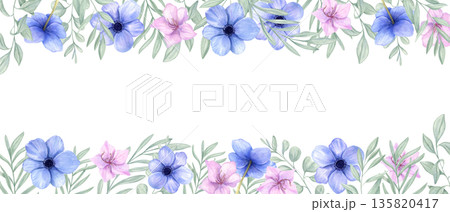 Spring blue, pink flowers with soft green leaves horizontal border on isolated background. Floral watercolor composition for birthday invitation, Easter greeting cards, blooming template. Spring blue, pink flowers with soft green leaves horizontal border on isolated background. Floral watercolor composition for birthday invitation, Easter greeting cards, blooming template. 135820417
