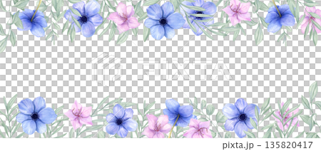 Spring blue, pink flowers with soft green leaves horizontal border on isolated background. Floral watercolor composition for birthday invitation, Easter greeting cards, blooming template. Spring blue, pink flowers with soft green leaves horizontal border on isolated background. Floral watercolor composition for birthday invitation, Easter greeting cards, blooming template. 135820417