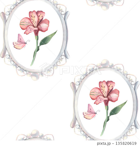 Seamless pattern, vintage pearl frame, alstroemeria, butterfly. Hand-painted watercolor illustration isolated on white for textile, packaging, stationery, wallpaper, branding, wedding design, decor 135820619