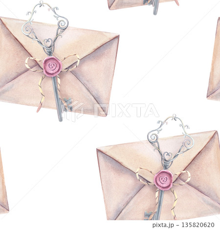 Watercolor seamless pattern, envelope, vintage key, bow, wax seal. Hand-painted illustration isolated on white for stationery, invitations, packaging, textiles, branding, scrapbooking, design, decor 135820620