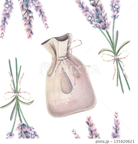 Seamless pattern with linen bag, lavender bouquet. Hand-painted watercolor illustration of medicinal herbs isolated on white for natural cosmetic, aromatherapy branding, printing on textile, packaging Seamless pattern with linen bag, lavender bouquet. Hand-painted watercolor illustration of medicinal herbs isolated on white for natural cosmetic, aromatherapy branding, printing on textile, packaging 135820621