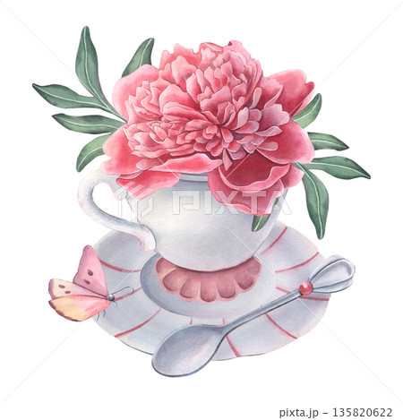 Ceramic tea set, cup, saucer, teaspoon, peony flower, leaves, butterfly. Hand-painted watercolor illustration isolated on white for print, poster, invitation, branding, cards, textile, decor, design Ceramic tea set, cup, saucer, teaspoon, peony flower, leaves, butterfly. Hand-painted watercolor illustration isolated on white for print, poster, invitation, branding, cards, textile, decor, design 135820622
