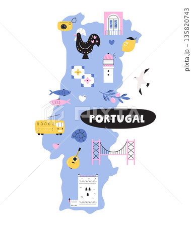 Portugal Illustrated Map with Landmarks, Culture and Cute Symbols. Flat Vector Travel Design 135820743
