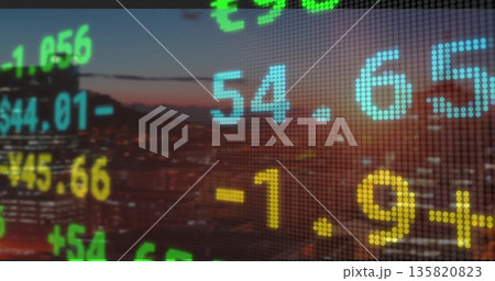 Displaying digital ticker overlaying skyline at dusk, with pixelated numbers and currency symbols Displaying digital ticker overlaying skyline at dusk, with pixelated numbers and currency symbols 135820823