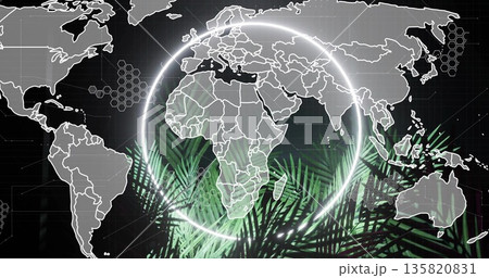 Displaying world map framing central Africa with glowing ring on screen, neon palms, hexagon grid 135820831