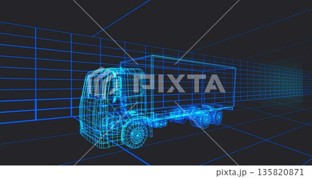 Displaying neon blue wireframe box truck on left in virtual 3D grid space, showing grid lines Displaying neon blue wireframe box truck on left in virtual 3D grid space, showing grid lines 135820871