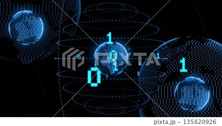 Rotating sphere point-matrices spinning in network space with binary bits 0 and 1, concentric rings 135820926