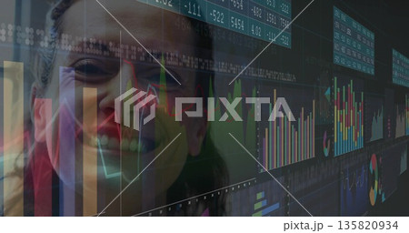 Smiling professional woman analyzing financial data on digital dashboard in workspace, copy space 135820934