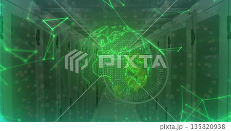 Projecting holographic globe floating above server racks in datacenter aisle, with network lines 135820938