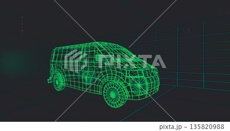 Displaying green wireframe van model in virtual modeling studio, with grid lines 135820988