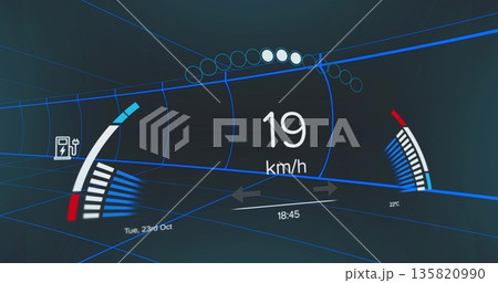 Displaying speedometer showing 19 km or h in virtual cockpit, with gauges, icons and readouts 135820990