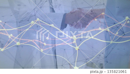 Shaking hands doctor and executive forming data partnership in bright office, with network graphics 135821061