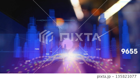 Displaying 3D bar columns pulsing in data landscape, with purple orb and floating numeric labels Displaying 3D bar columns pulsing in data landscape, with purple orb and floating numeric labels 135821077