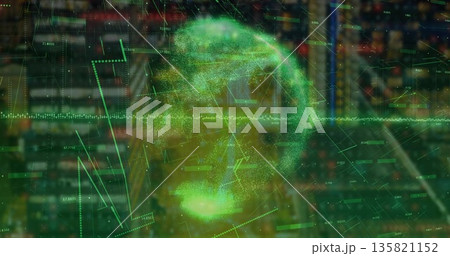 Floating green holographic head in digital space showing grid or net lines, waveform and data overla 135821152