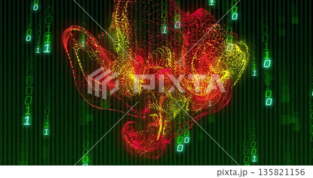 Swirling glowing particle cloud hovering in virtual matrix, with binary digits and code streams Swirling glowing particle cloud hovering in virtual matrix, with binary digits and code streams 135821156