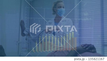 Masked doctor lifting patient's leg on exam table in clinic, with 3D bar chart overlay 135821167