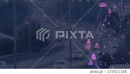 Floating network overlay across urban highway during twilight, with cars and guardrails, copy space 135821188