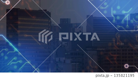 Featuring stylized city skyline blending tech motifs on rooftop view, with glowing circuit overlays Featuring stylized city skyline blending tech motifs on rooftop view, with glowing circuit overlays 135821195