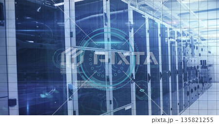 Server rack row showing network cables blinking LEDs under cable trays in data center, HUD graphics 135821255