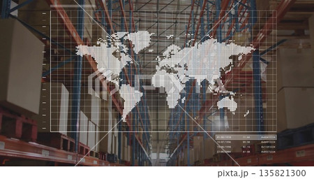 Displaying warehouse aisle flanked by steel racks storing cargo, with map and table overlay Displaying warehouse aisle flanked by steel racks storing cargo, with map and table overlay 135821300