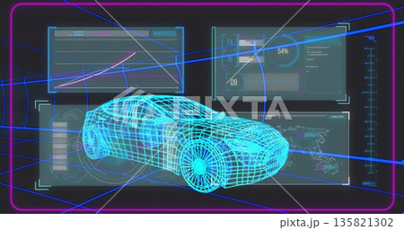 Displaying neon blue wireframe sports car in futuristic virtual interface, with holographic panels Displaying neon blue wireframe sports car in futuristic virtual interface, with holographic panels 135821302