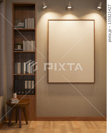 Empty white frame with spot light on wall aside wooden bookshelf and table in a parquet floor room. Empty white frame with spot light on wall aside wooden bookshelf and table in a parquet floor room. 135821427