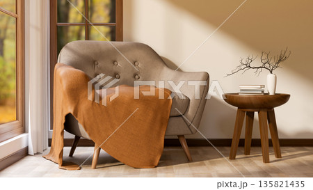 Leather sofa chair with blanket and wooden side table on parquet floor and scenery outside the room. Leather sofa chair with blanket and wooden side table on parquet floor and scenery outside the room. 135821435