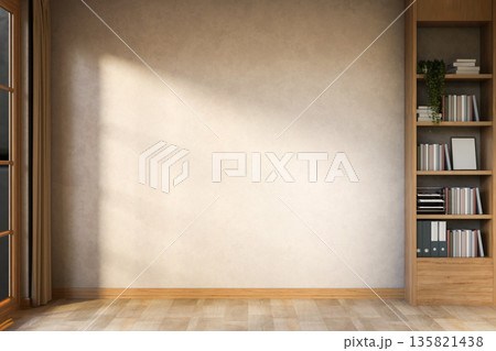 Empty loft cement wall with wooden frame window and bookshelf in a parquet floor room. Empty loft cement wall with wooden frame window and bookshelf in a parquet floor room. 135821438