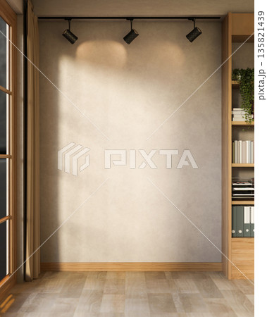 Ceiling lamp on empty loft cement wall with wooden window and bookshelf in a parquet floor room. 135821439