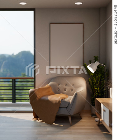 Sofa chair with blanket under white frame and houseplant aside floor lamp aside terrace or balcony. 135821449