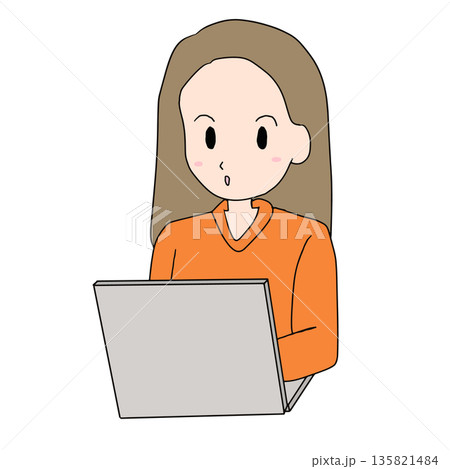 パソコンを見て驚く女性のイラスト パソコンを見て驚く女性のイラスト 135821484