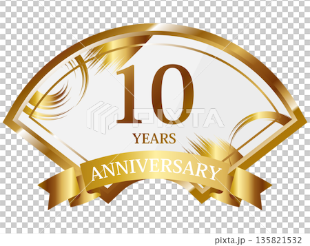Fan-shaped 10th anniversary emblem in white and gold Fan-shaped 10th anniversary emblem in white and gold 135821532