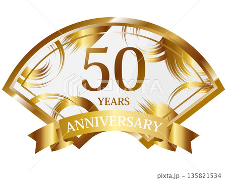 扇型の50周年記念エンブレム　ホワイト＆ゴールド 135821534