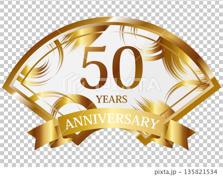 扇型の50周年記念エンブレム　ホワイト＆ゴールド 135821534