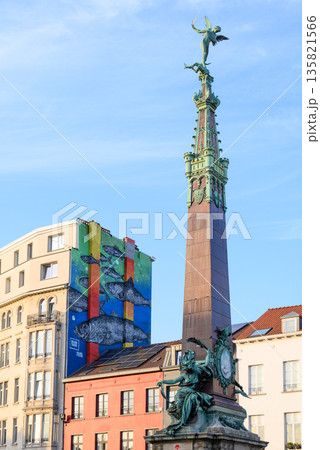 Anspach Fountain obelisk in the centre of the Place de Brouckere or De Brouckereplein square in Brussels, Belgium 135821566