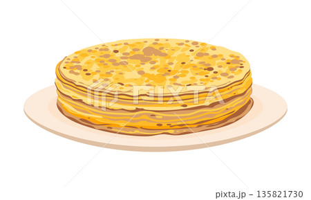 A large serving of pancakes on a plate. Vector clip art. A traditional food for Maslenitsa celebrations in Russia. Thin, sweet French crepes. This flour-based dessert is perfect for breakfast. A large serving of pancakes on a plate. Vector clip art. A traditional food for Maslenitsa celebrations in Russia. Thin, sweet French crepes. This flour-based dessert is perfect for breakfast. 135821730