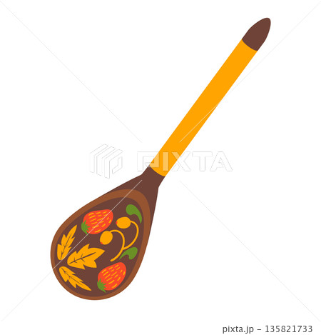 A wooden spoon with a Khokhloma style painting. Vector illustration of a souvenir from Russia. A traditional Russian folk craft. Clipart on a white background. A wooden spoon with a Khokhloma style painting. Vector illustration of a souvenir from Russia. A traditional Russian folk craft. Clipart on a white background. 135821733