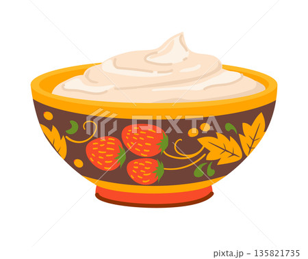 A wooden bowl with sour cream or mayonnaise on a white background. Greek yogurt in a painted Khokhloma-style bowl. Vector illustration. Flat style. 135821735