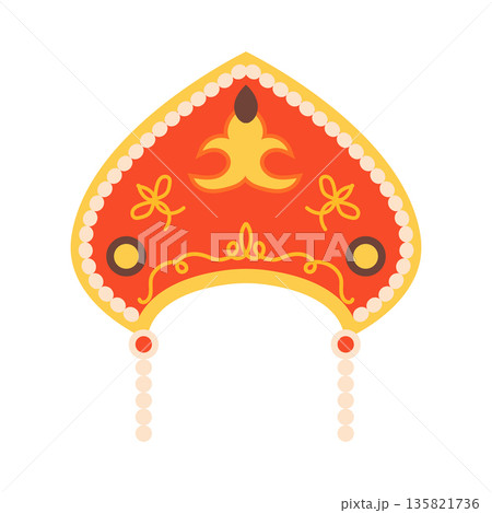 Russian national kokoshnik with gold ornamentation and beads. Vector illustration of headdress. Element of traditional Slavic costume. Flat style. 135821736