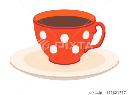 Red porcelain cup with a white circular pattern and saucer. Vector tea mug. Vintage coffee set. Flat style. 135821737