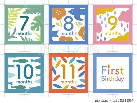 カラフルでポップなマンスリーカード2（7ヶ月〜12ヶ月）トンボ付 135821894