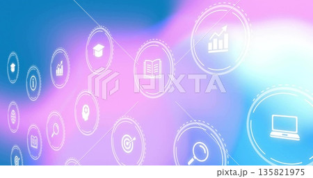 Floating white laptop icon moving across gradient space, with business tech icons, copy space Floating white laptop icon moving across gradient space, with business tech icons, copy space 135821975