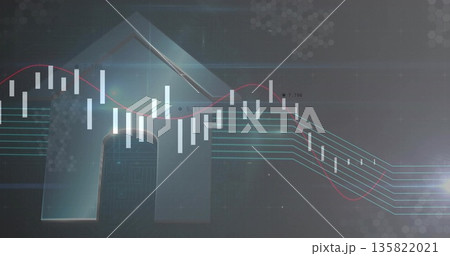 Showing translucent house icon in hexagon grid interface, white bars red trend line turquoise lines Showing translucent house icon in hexagon grid interface, white bars red trend line turquoise lines 135822021