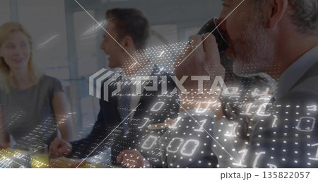 Drinking man with grey beard wearing suit holding mug in conference room, with binary code overlay Drinking man with grey beard wearing suit holding mug in conference room, with binary code overlay 135822057