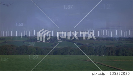 Displaying pastures with hedgerows and farmhouses through transparent HUD, with numeric readouts Displaying pastures with hedgerows and farmhouses through transparent HUD, with numeric readouts 135822080