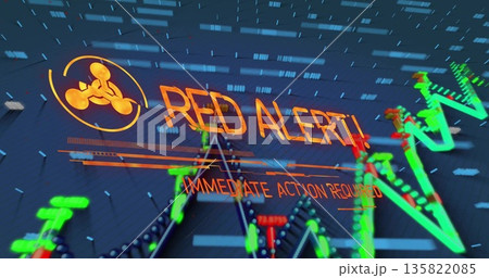 Displaying red alert and immediate action required on dashboard, with hazard icon and neon graphs Displaying red alert and immediate action required on dashboard, with hazard icon and neon graphs 135822085