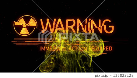 Displaying radiation symbol with warning label and data bar on dark screen, with smoke and embers Displaying radiation symbol with warning label and data bar on dark screen, with smoke and embers 135822128