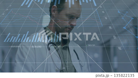 Analyzing doctor in white coat with stethoscope interpreting floating charts in medical corridor Analyzing doctor in white coat with stethoscope interpreting floating charts in medical corridor 135822135