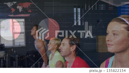 Squatting four fitness participants in athletic wear tracking data overlay in gym studio 135822154